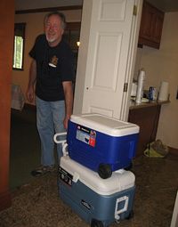 But first the necessary supplies have to be delivered....Ron Mooney trucking in ice chests in hospitality suite.